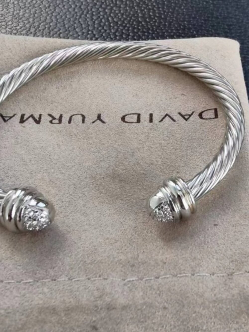 David Yurman Silver Cable Cuff Bracelet with Pavé Endcaps 7mm